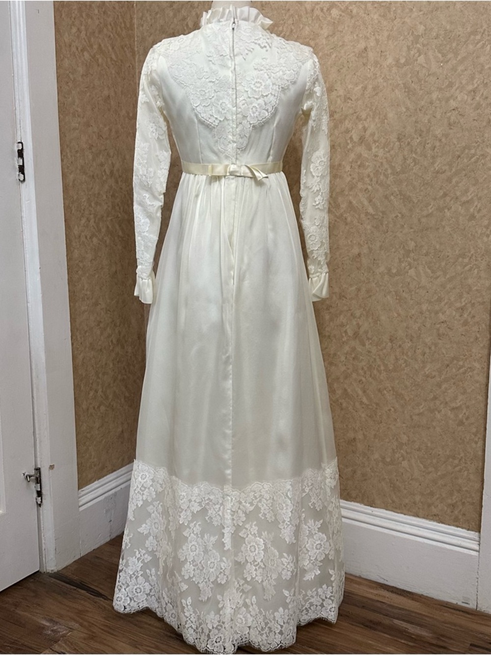 Vintage 60s 70s White Ivory High Neck Lace Empire Waist Wedding Dress
